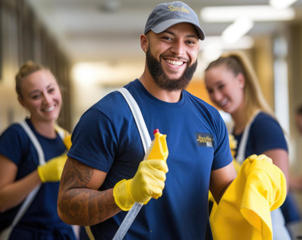 Team of cleaners smiling while holding cleaning tools