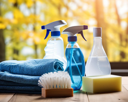 Cleaning products, towels, brush, and sponge on a table