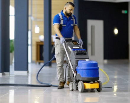 Worker using a professional floor cleaning machine
