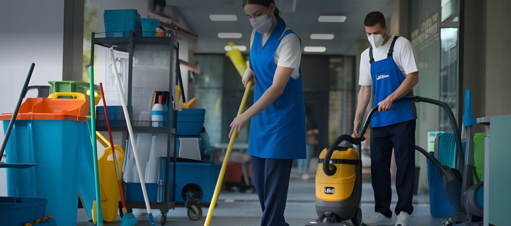 Professional cleaners mopping and vacuuming a hallway