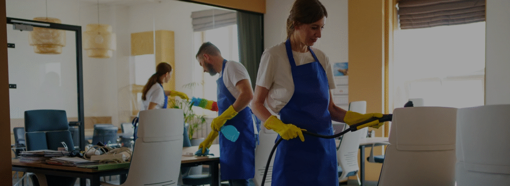 Cleaning team sanitising and tidying an office space