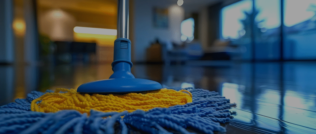 Yellow mop cleaning a shiny wooden floor