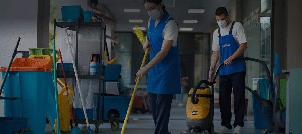 Cleaning staff vacuuming and mopping a floor