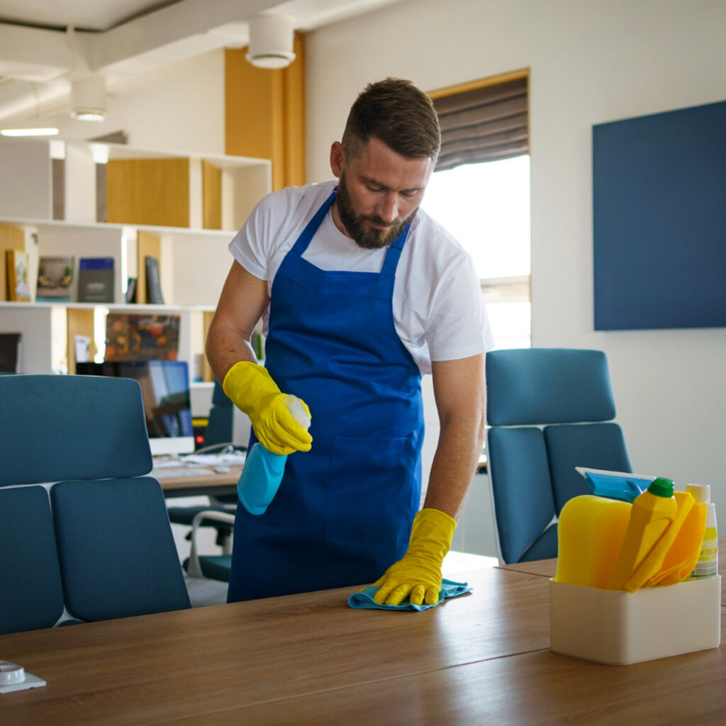 Male cleaner spraying and wiping an office desk
