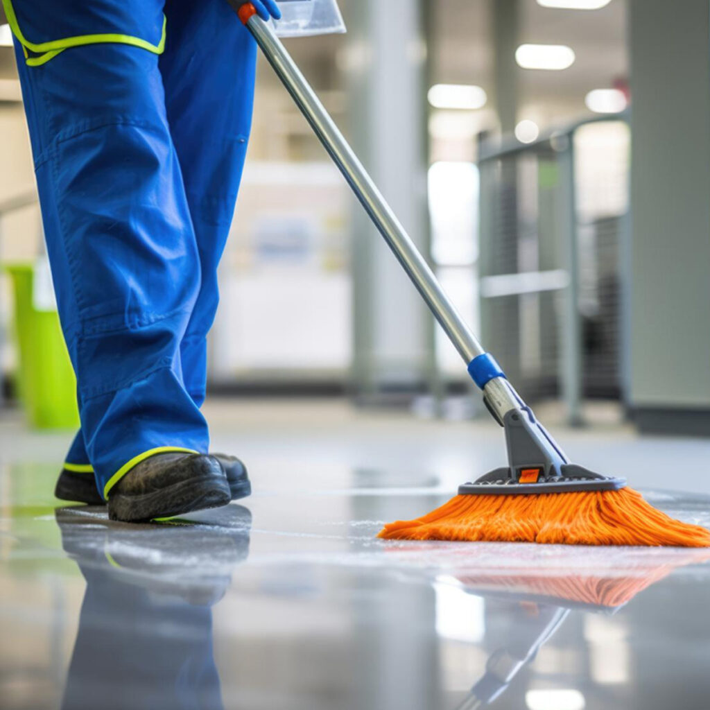 Worker mopping a polished commercial floor