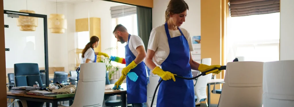 Cleaners sanitising desks and chairs in an office