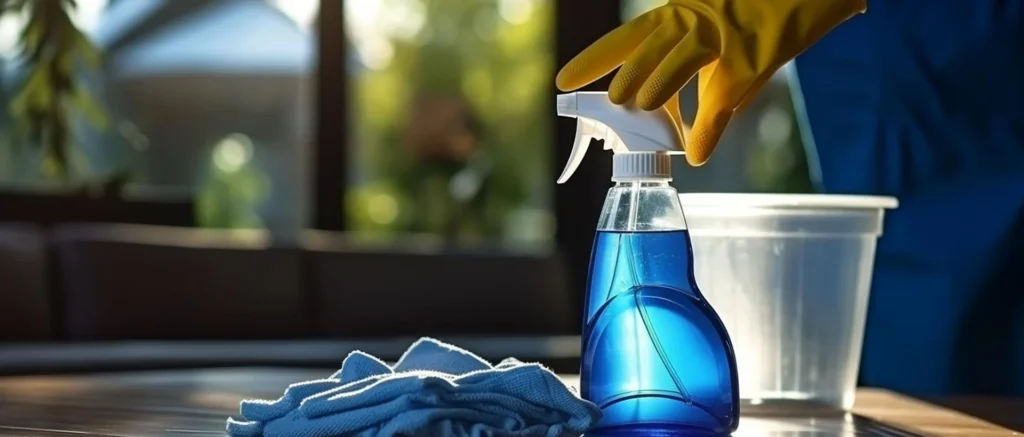 Hand with glove holding a spray bottle and cloth