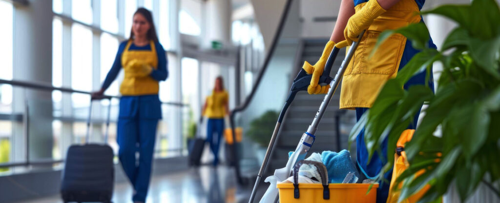 Cleaning staff mopping floors in a modern building